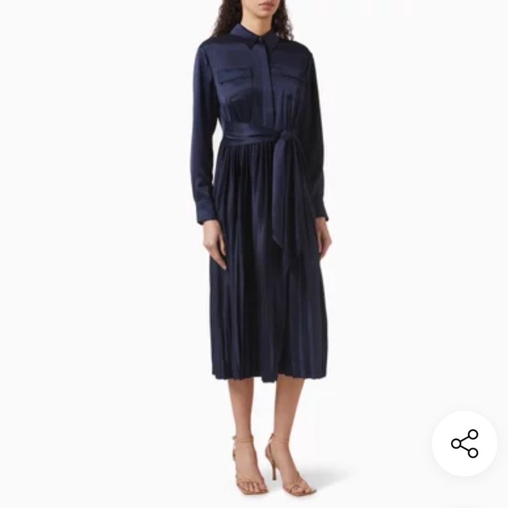 Toccin Navy Blue Pleated Midi Shirt Dress Long Sleeve Belted Minimalist Chic S
